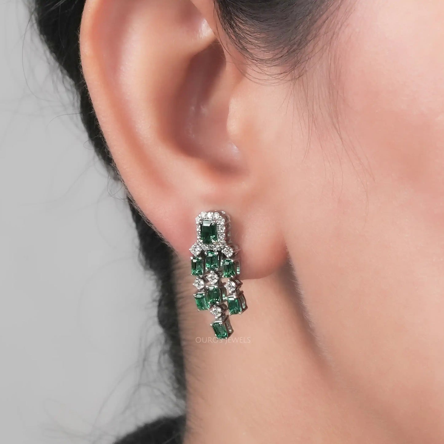 Green Emerald Cut Halo Diamond Chandelier Earrings