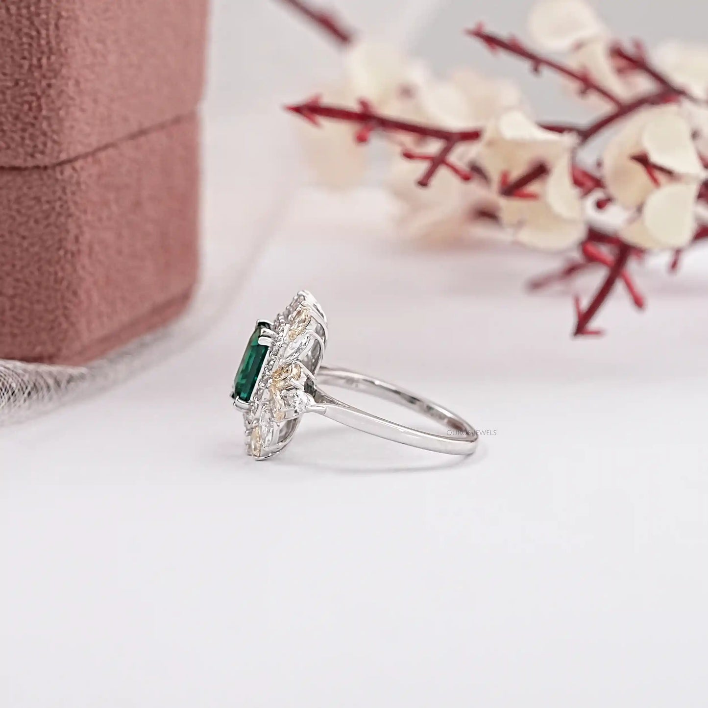 Green Emerald Cut Double Halo Diamond Ring