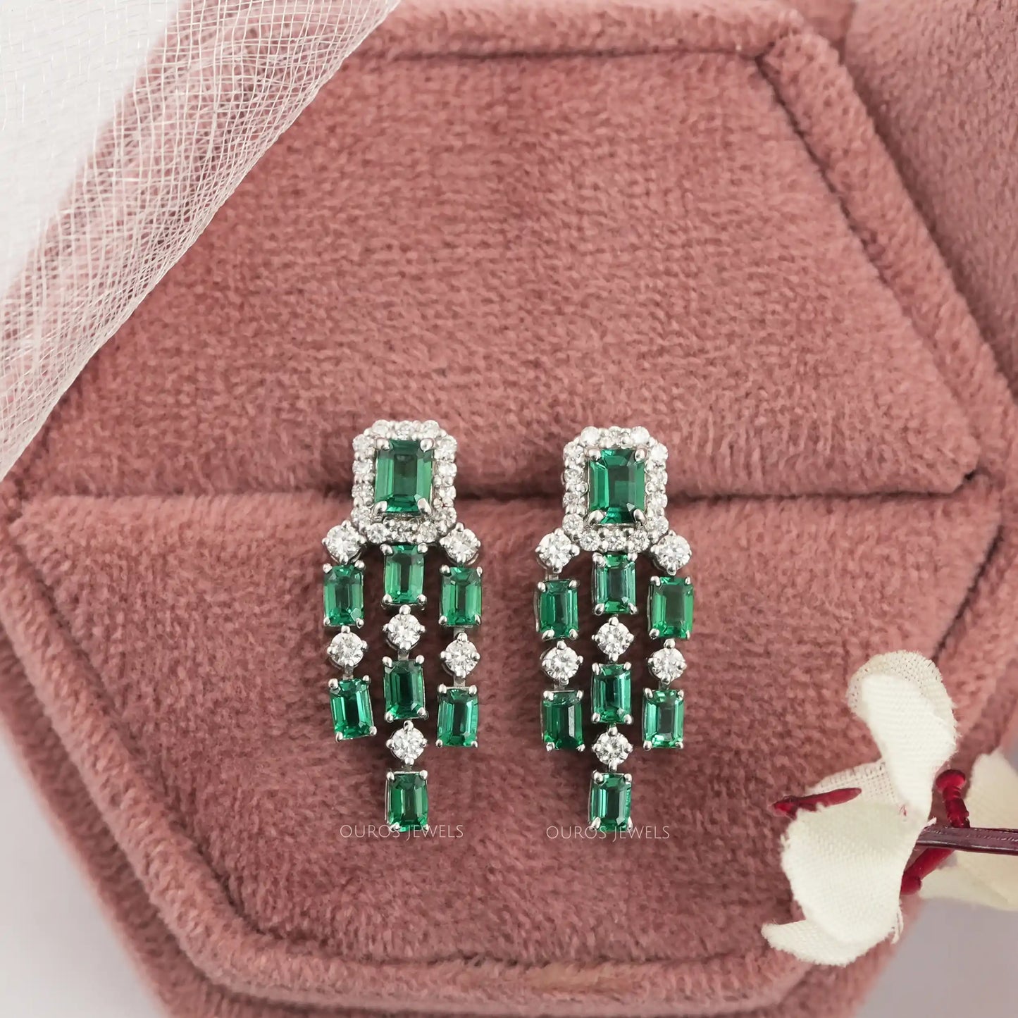Green Emerald Cut Halo Diamond Chandelier Earrings