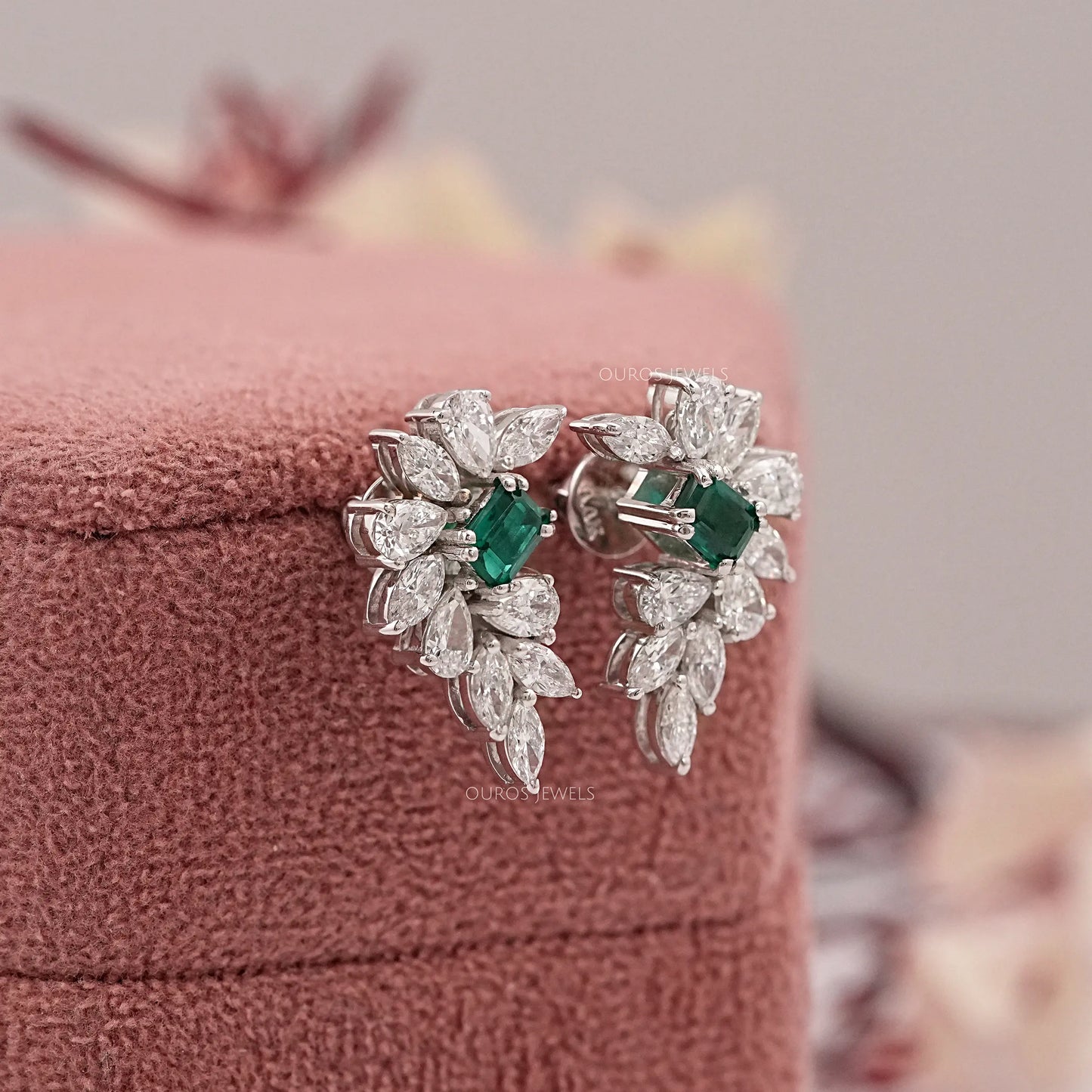 Green Emerald Cut Cluster Lab Diamond Earring