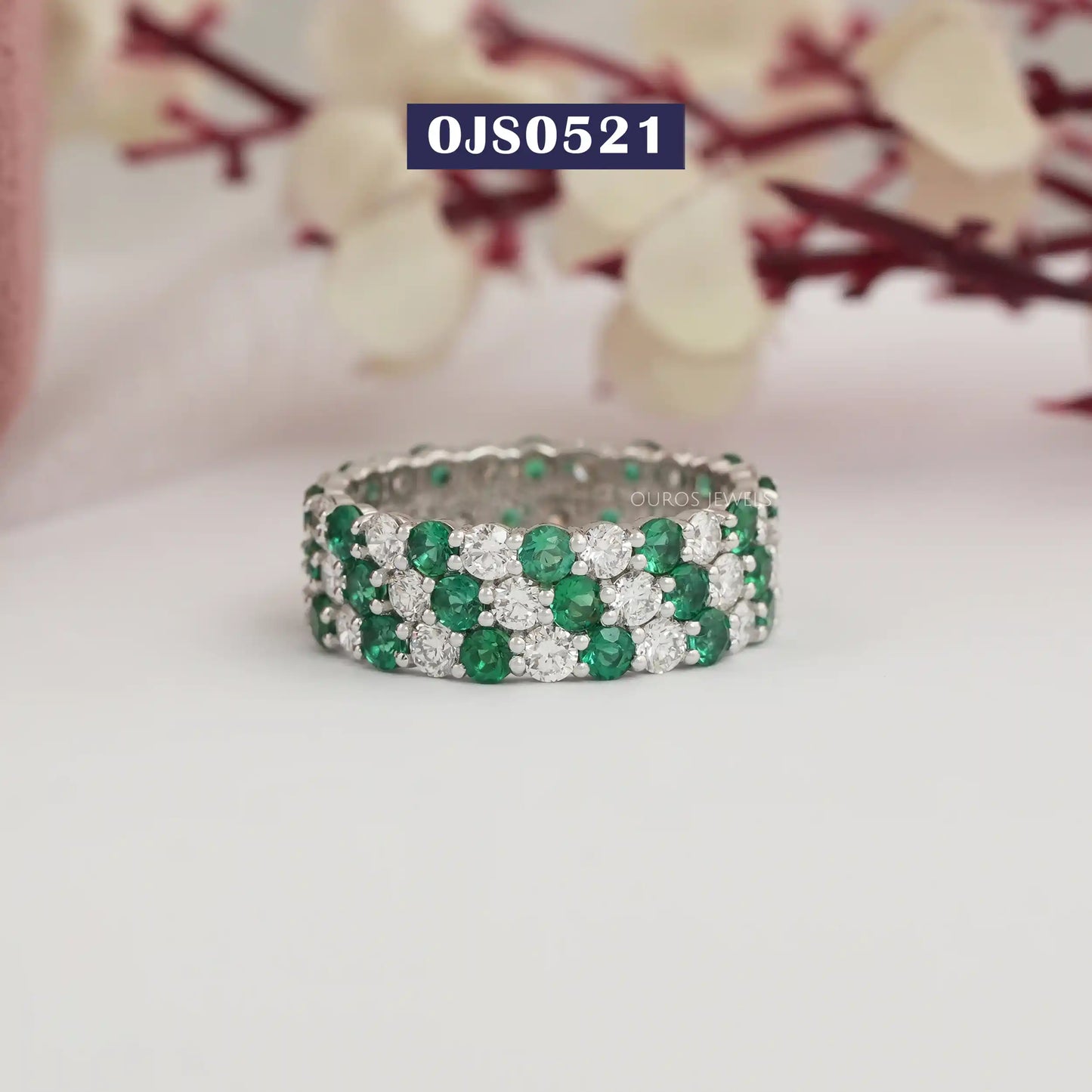 Green Round Cut Lab Diamond Three Row Full Eternity Band