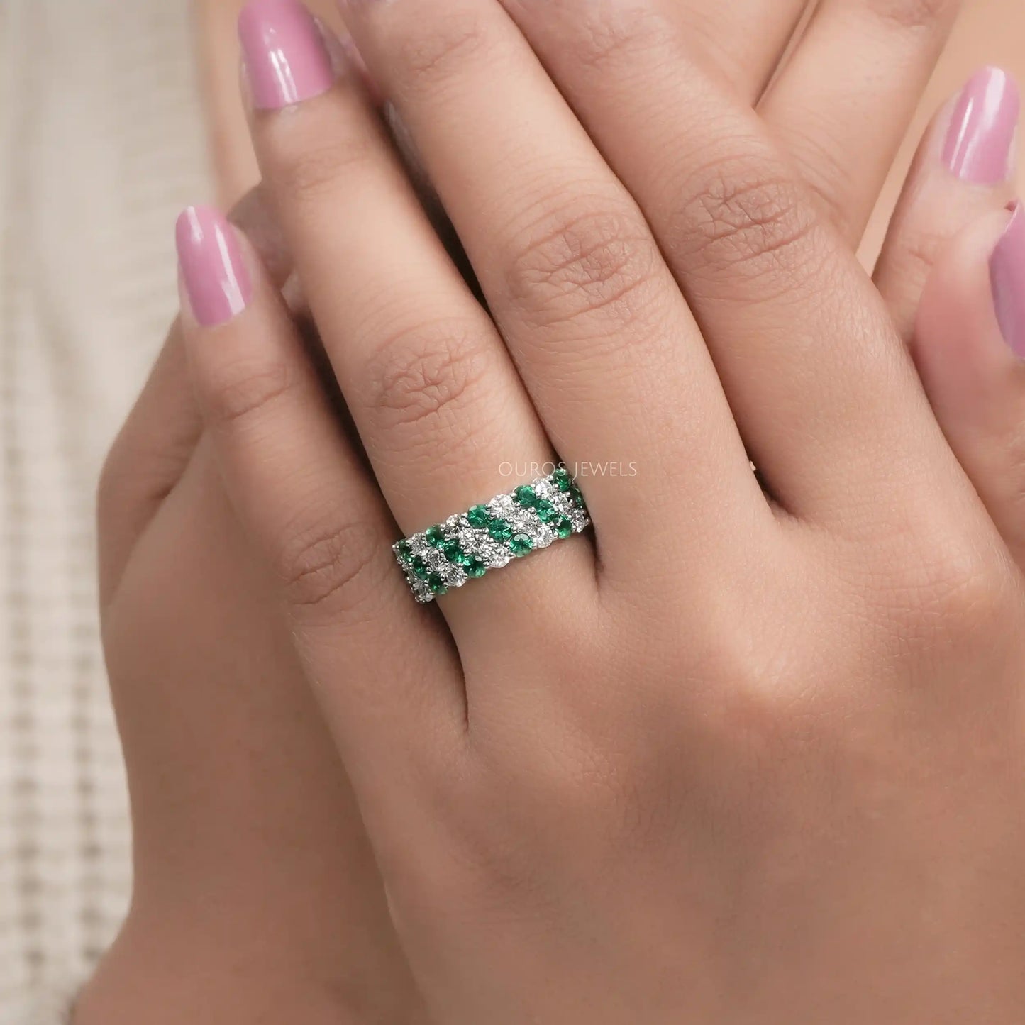 Green Round Cut Lab Diamond Three Row Full Eternity Band