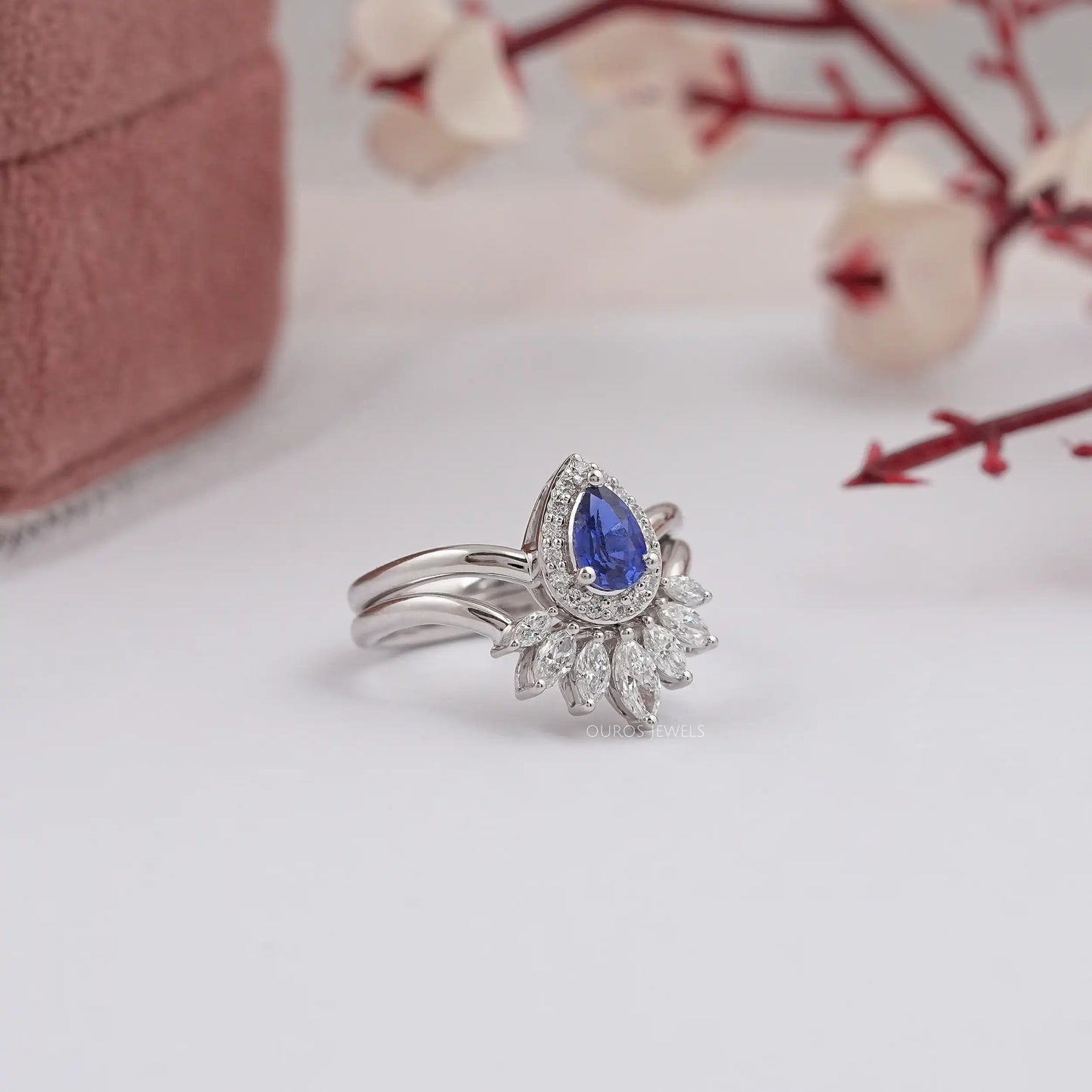 Blue Sapphira Pear Cut Halo Diamond Ring