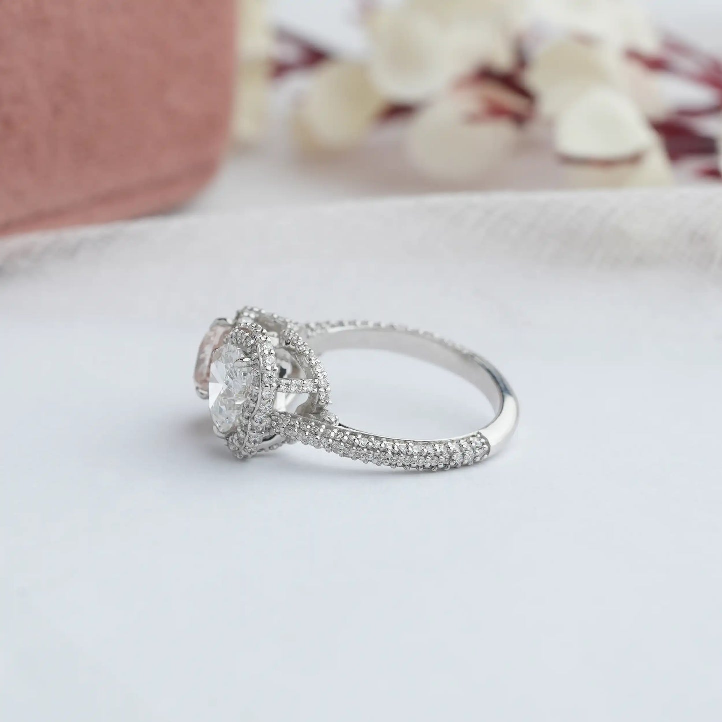 Two Stone Fancy Pink Heart Cut Halo Diamond Engagement Ring