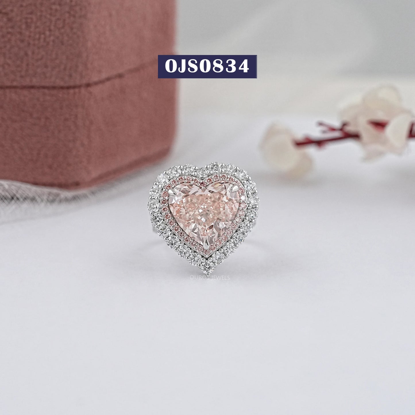 Heart Shape Pink Lab Diamond Halo With Accent Ring