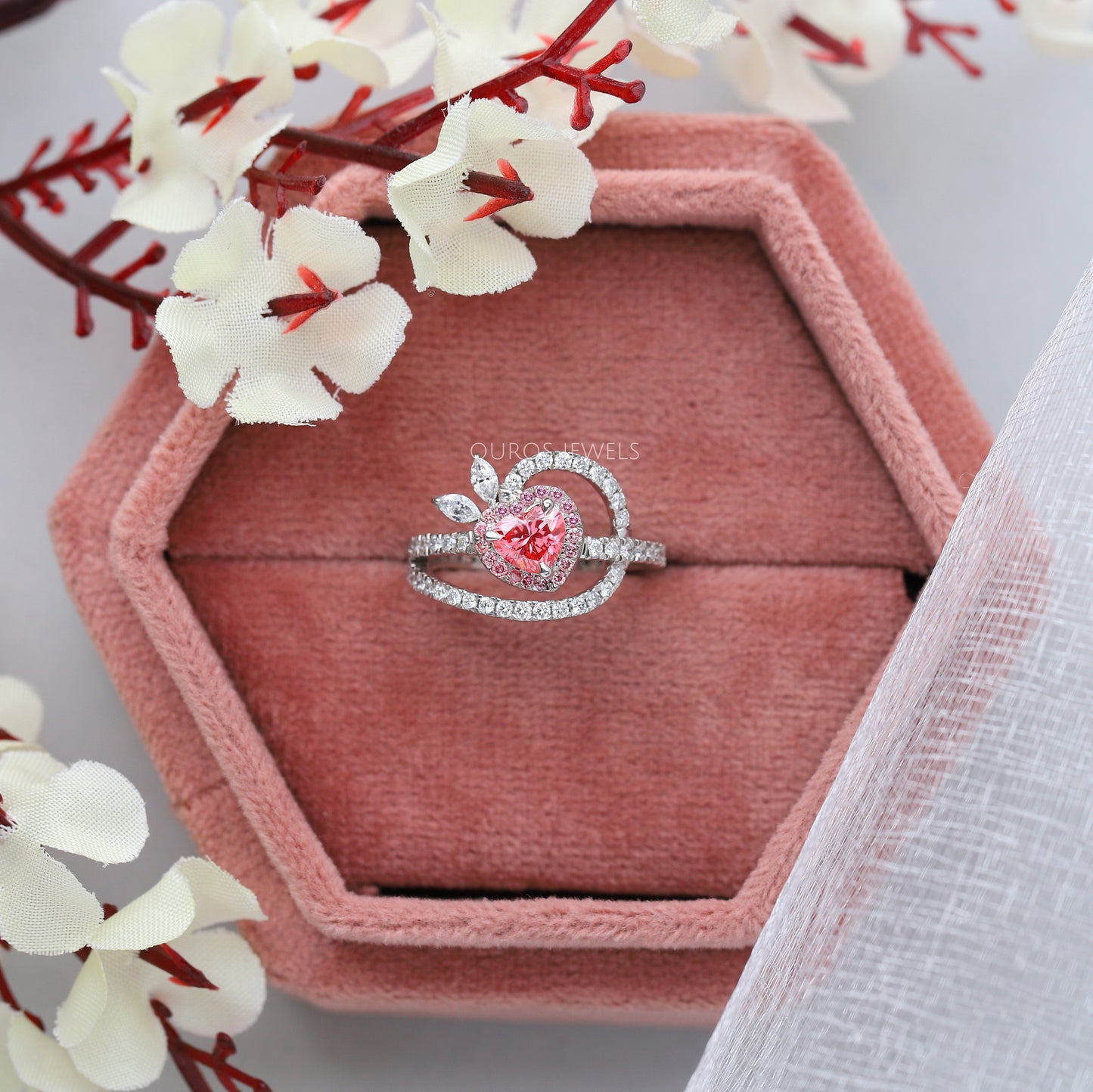 Pink Heart Cut Diamond Halo Ring
