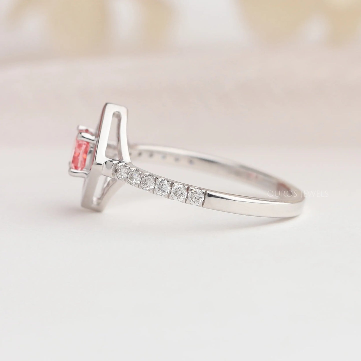 Pink Cushion Cut Solitaire Accent Ring