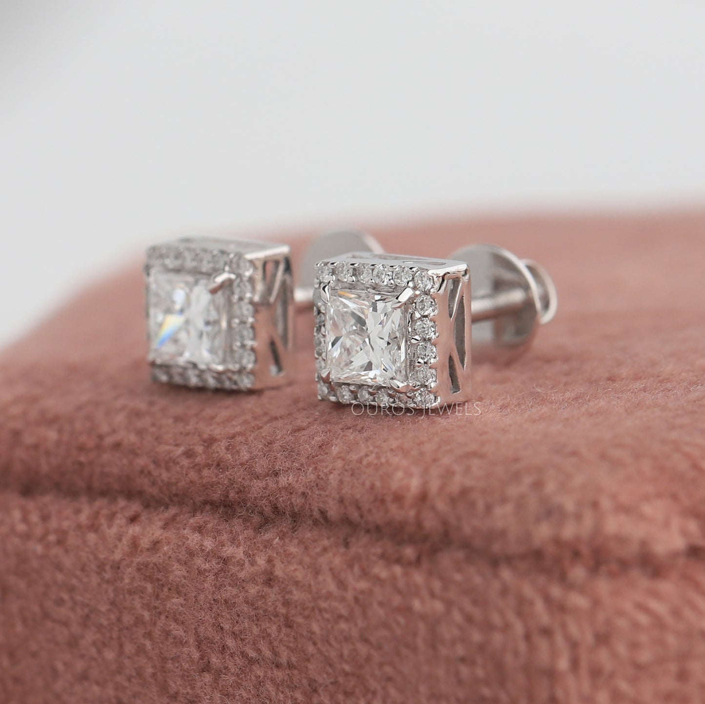 Princess Cut Halo Stud Earrings
