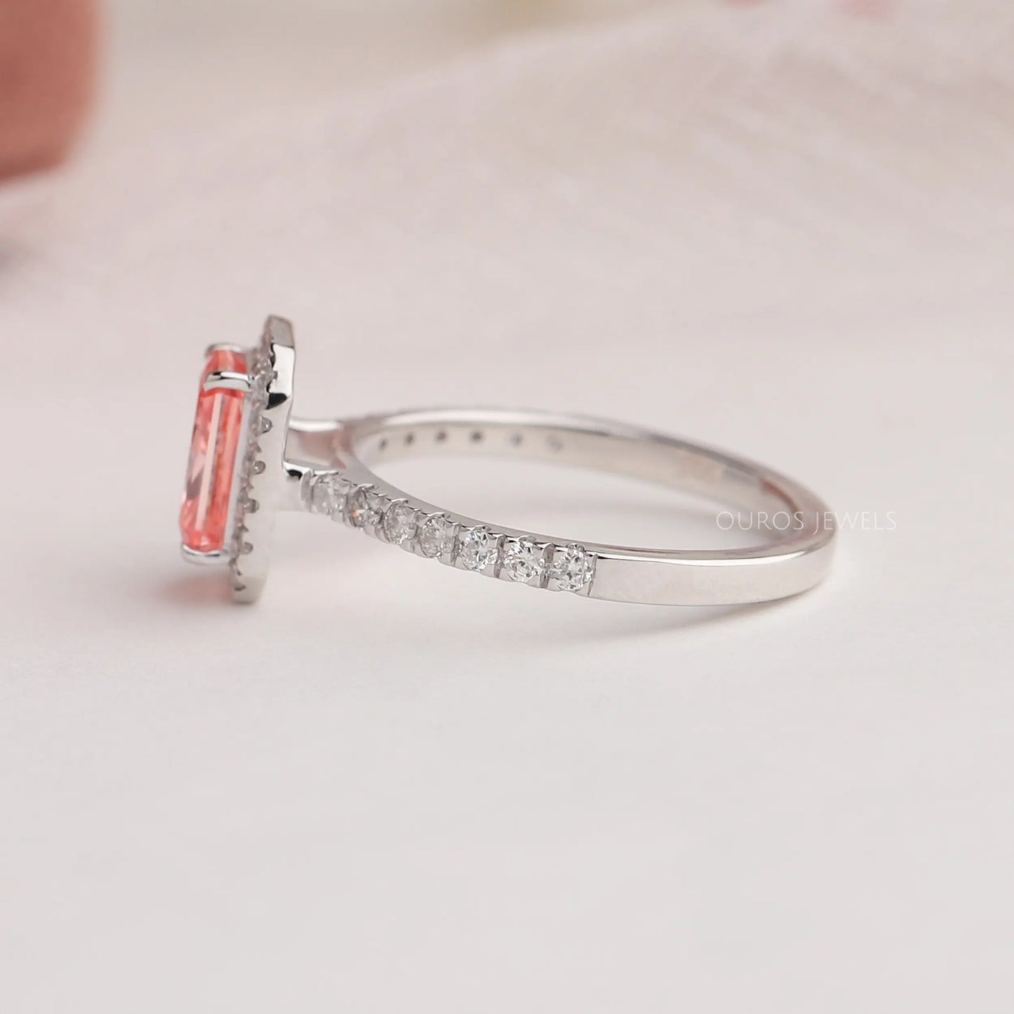 Pink Radiant  Cut Halo  With Accent  Diamond  Ring