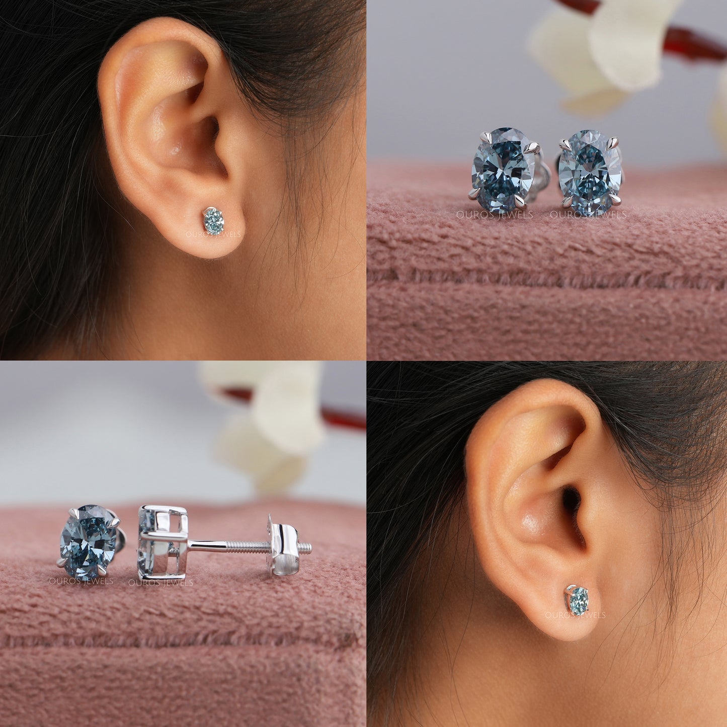 Blue Oval Cut Lab Diamond Stud