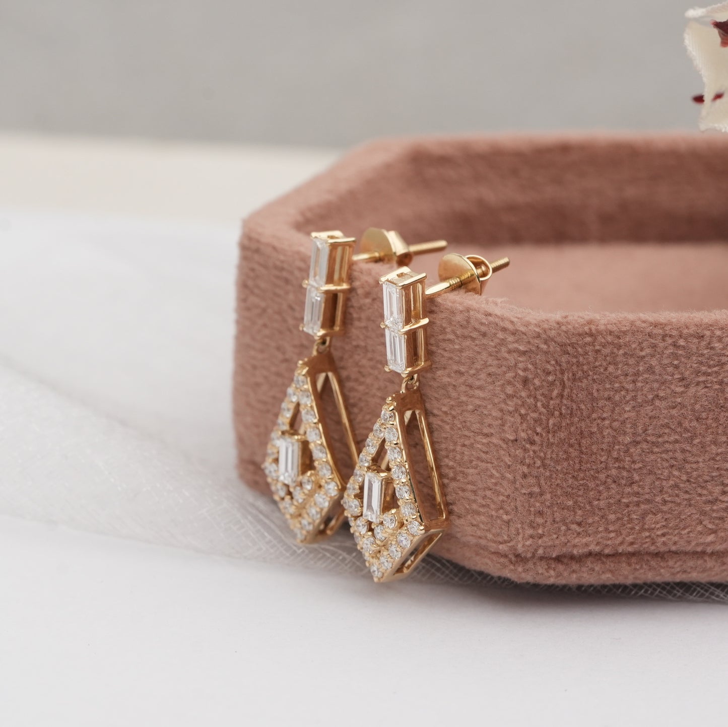 Kite Shape Baguette and Round Halo Teardrop Earrings