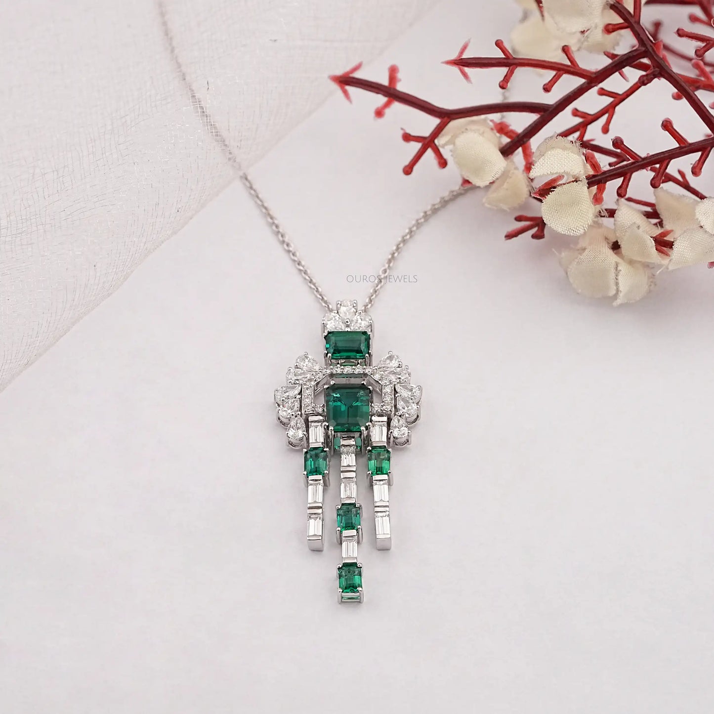 Green Emerald And Baguette Cut Lab Diamond Pendant