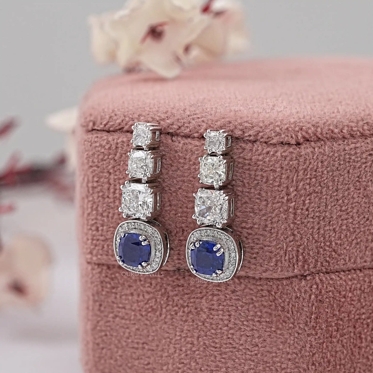 Blue Cushion Cut Drop Dangle Earring