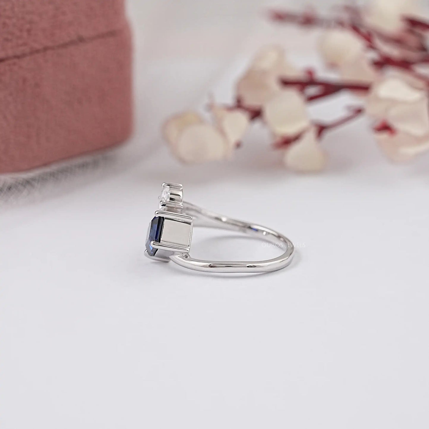 Blue Emerald Cut Three Stone Lab Diamond Ring