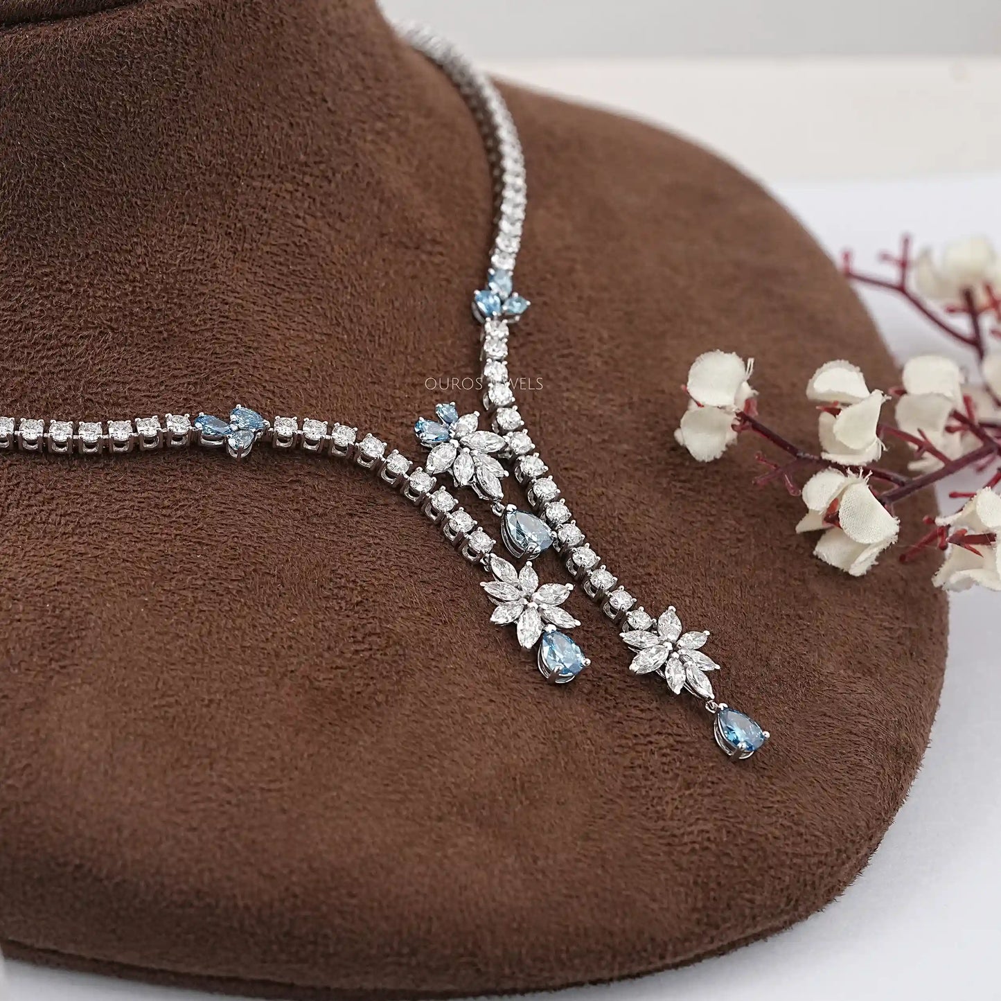 Blue Pear Cut Lab Diamond Necklace