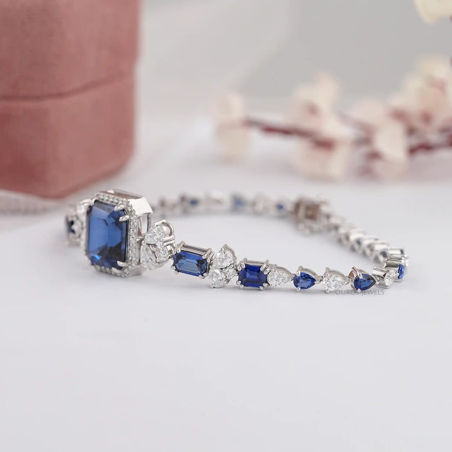 Blue Sapphire Emerald Cut Lab Grown Gemstone Bracelet