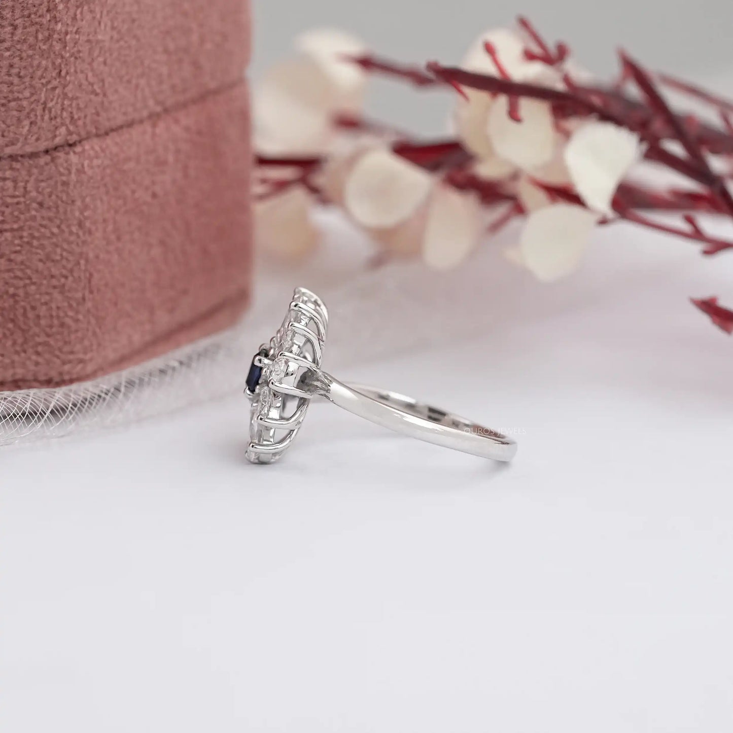 Blue Sapphire Oval Gemstone Cluster Diamond Ring