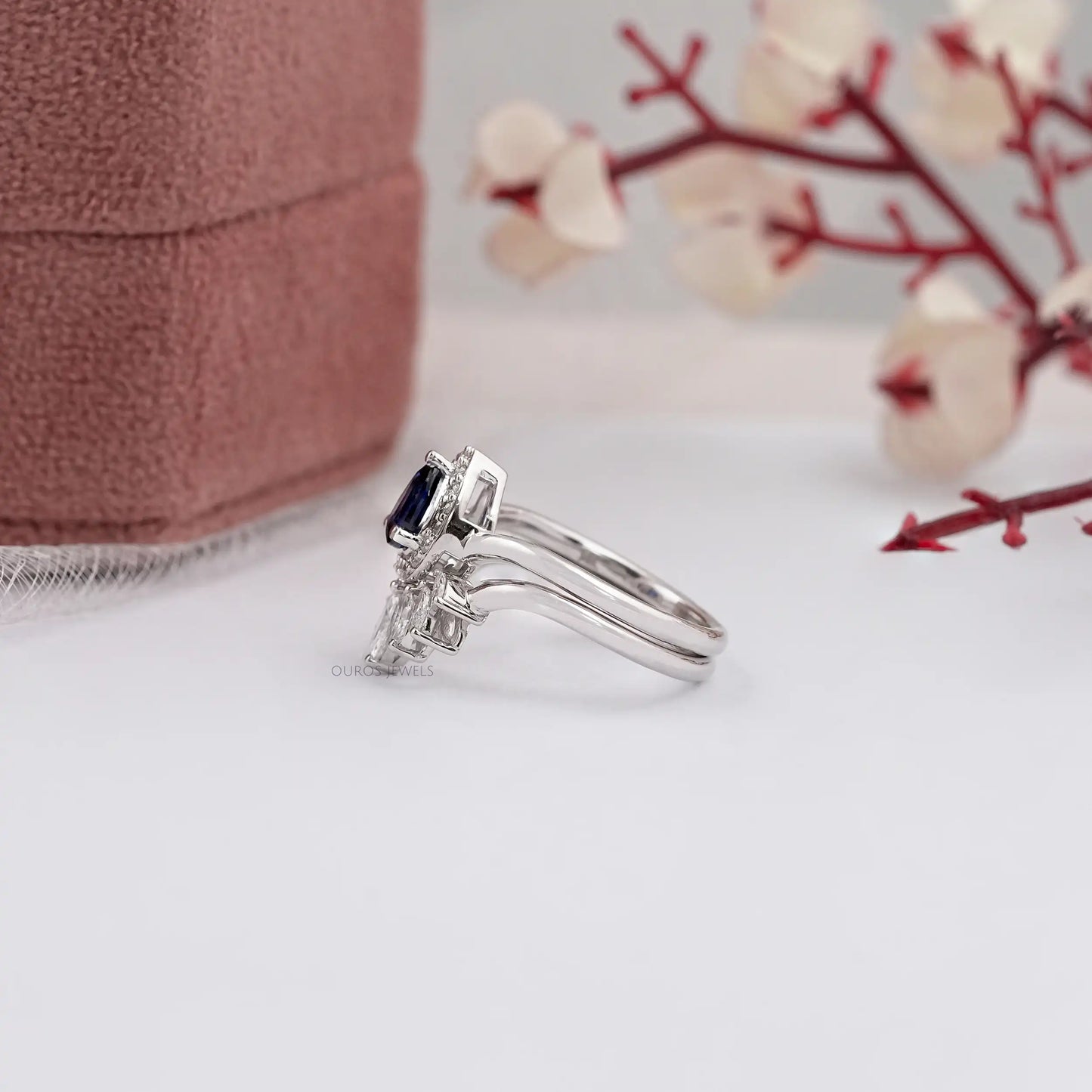 Blue Sapphira Pear Cut Halo Diamond Ring