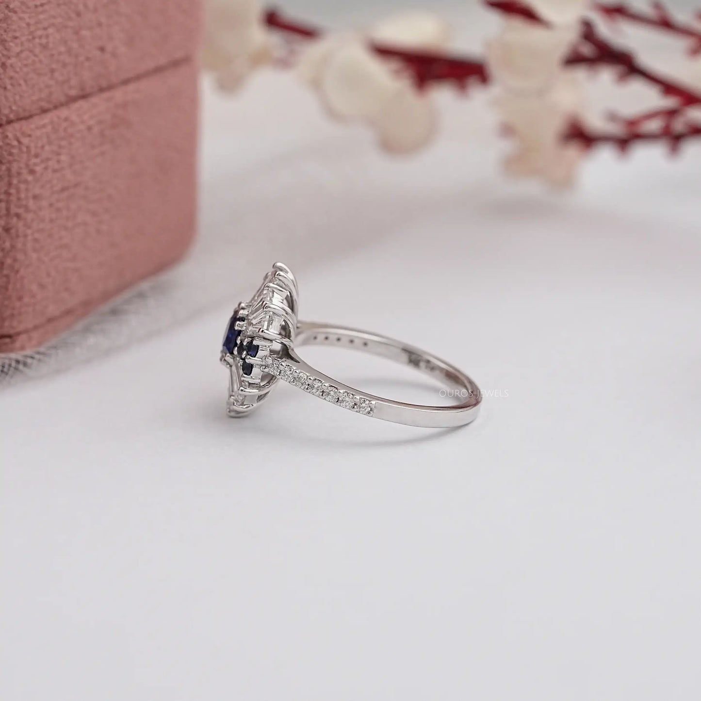 Blue Round Gemstone With Tapered Baguette Ring