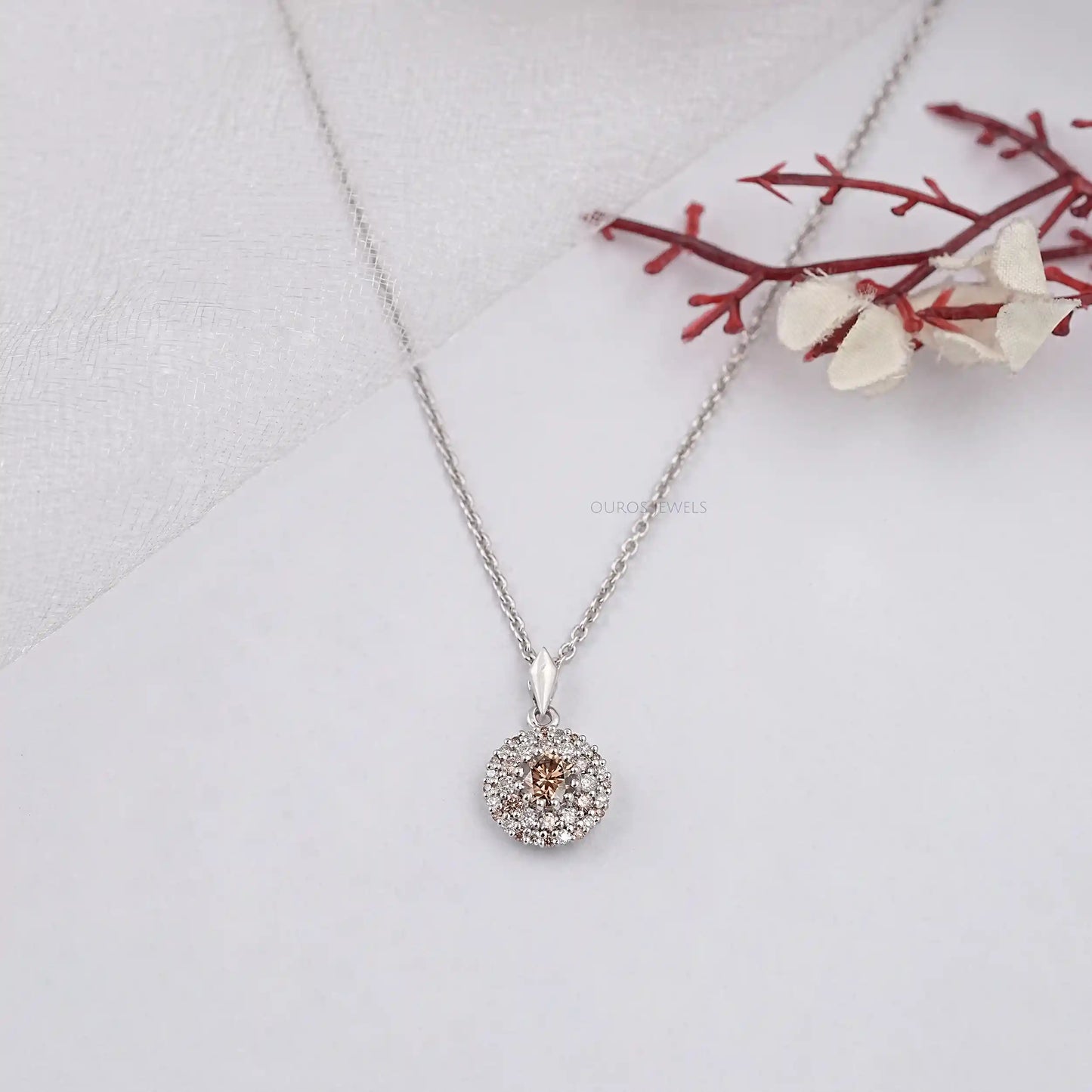 Chocolate Round Cut Halo Diamond Pendant