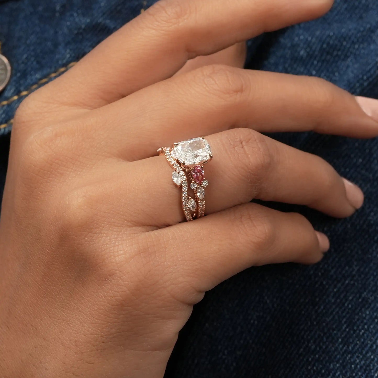 Cushion Cut With Fancy Pink Pear Lab Diamond Bridal Ring Set