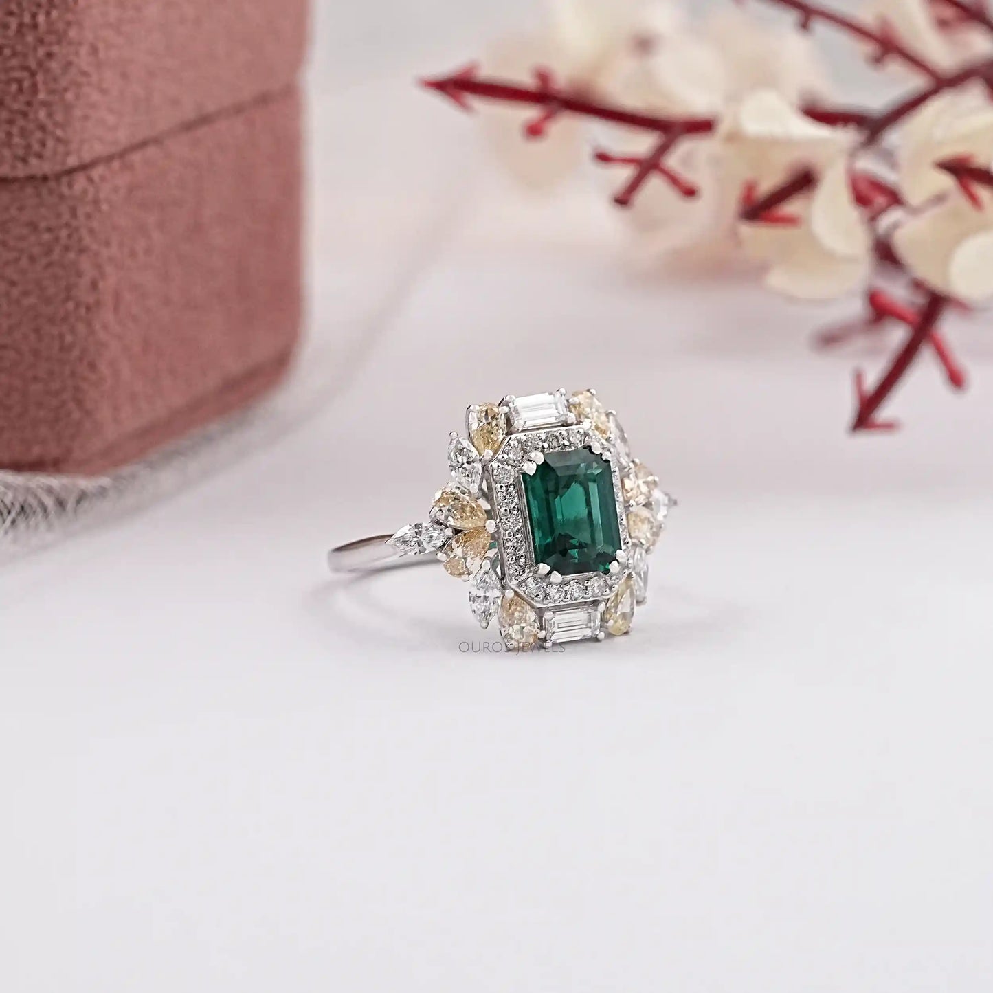 Green Emerald Cut Double Halo Diamond Ring