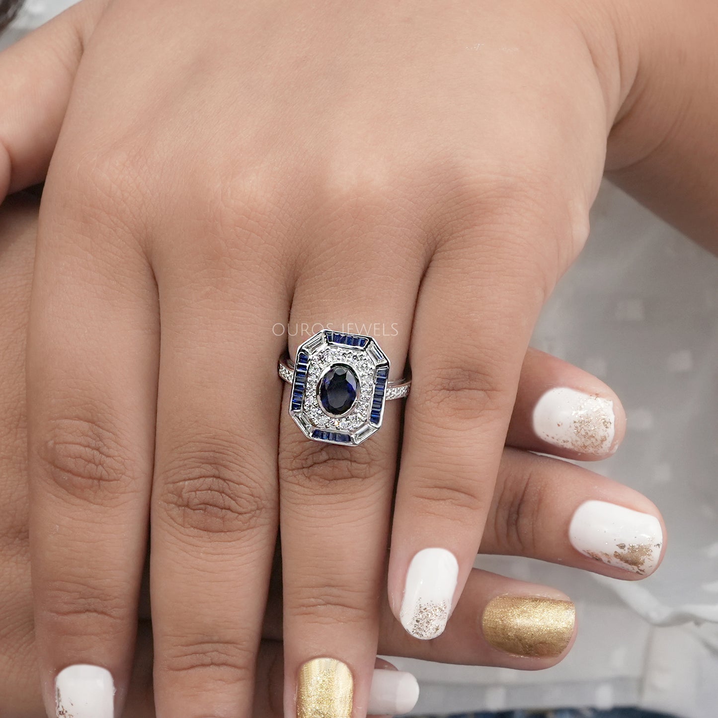 Blue Oval Cut Halo With Accent Diamond Ring