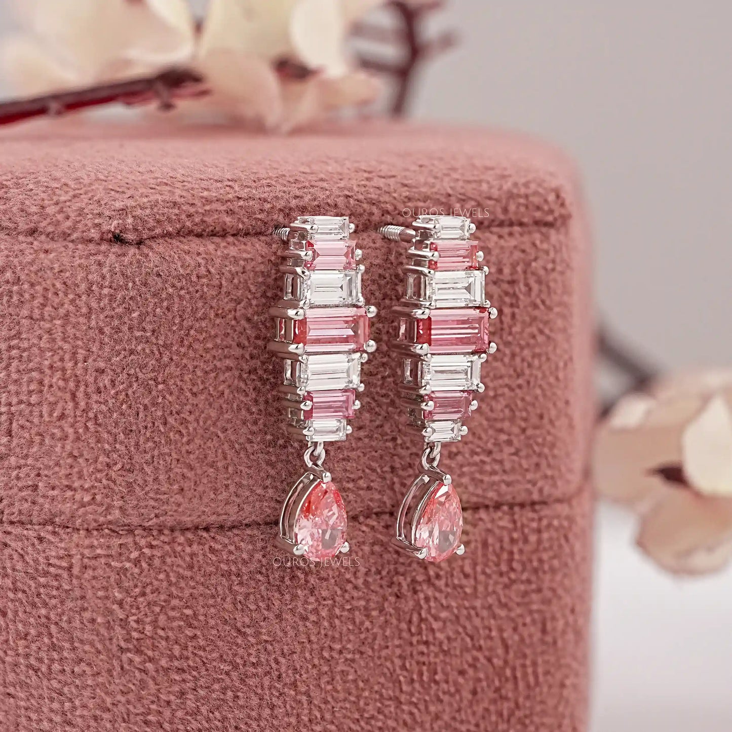 7 Stone Pink Baguette Cut Drop Dangle Earring