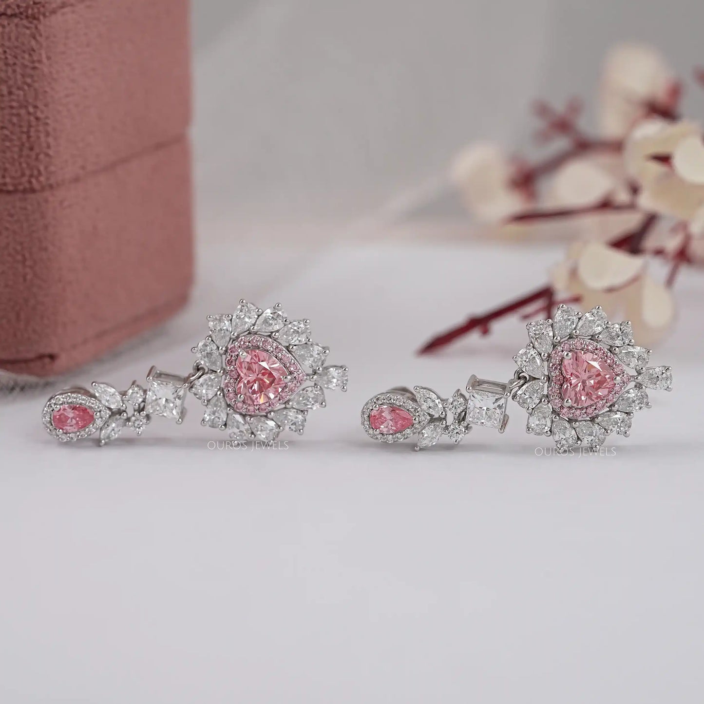 Pink Heart Cut Double Halo Drop Dangle Earring