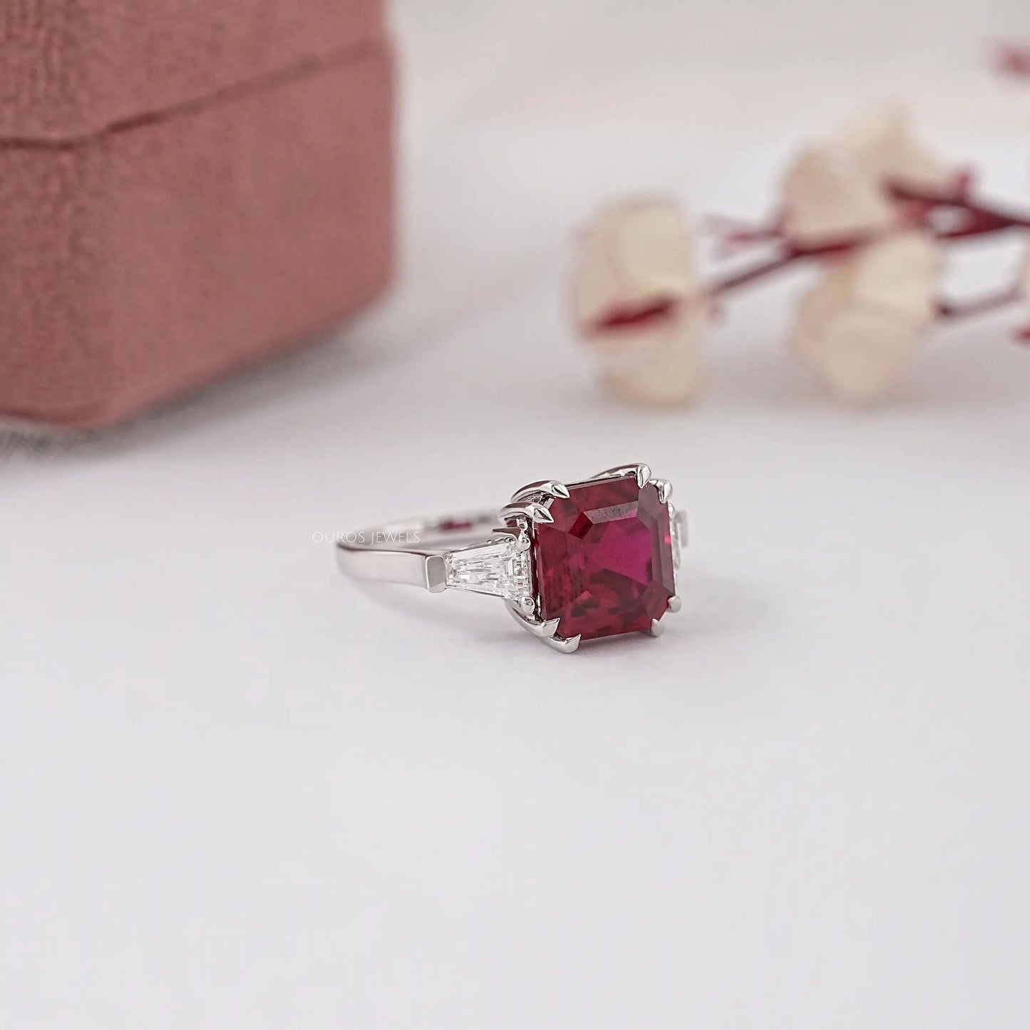 Asscher Cut Red Ruby Gemstone Three Stone Ring