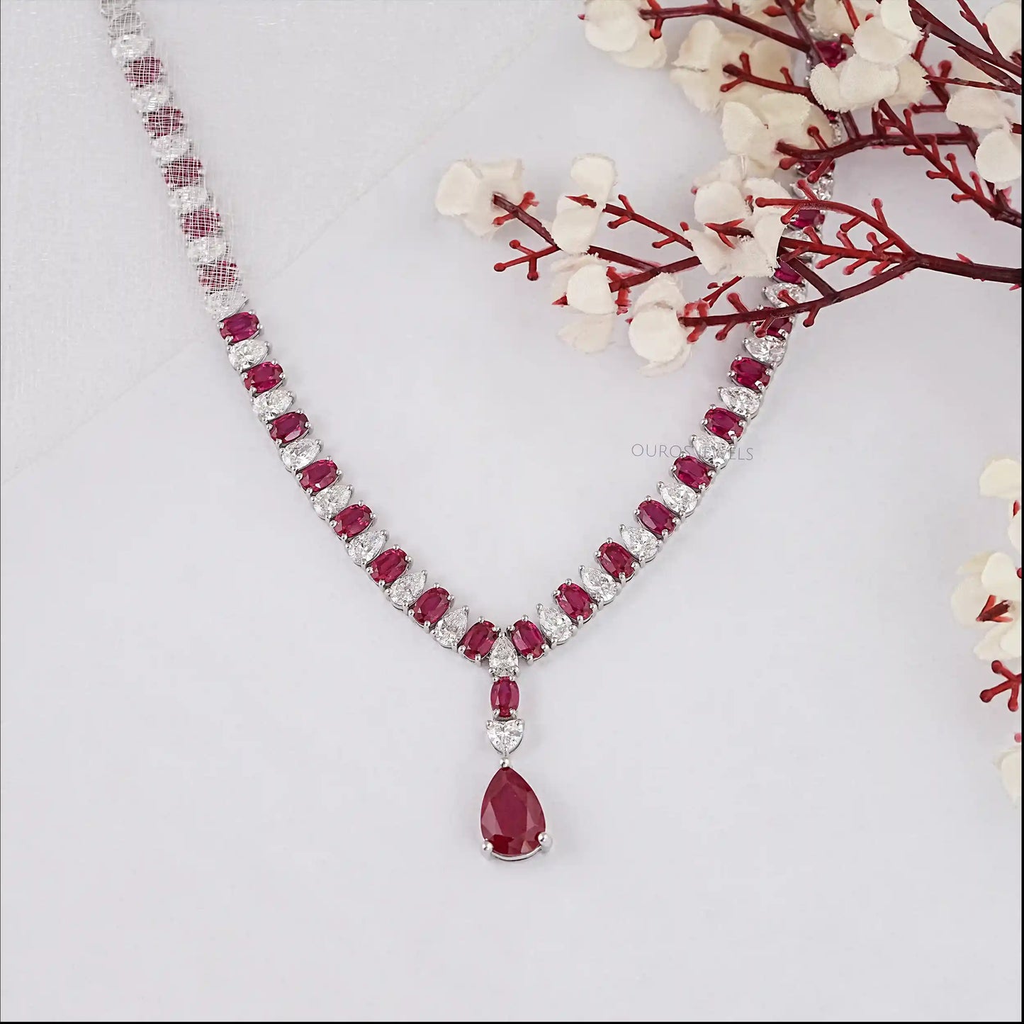 Red Ruby Oval Cut Lab Diamond Necklace