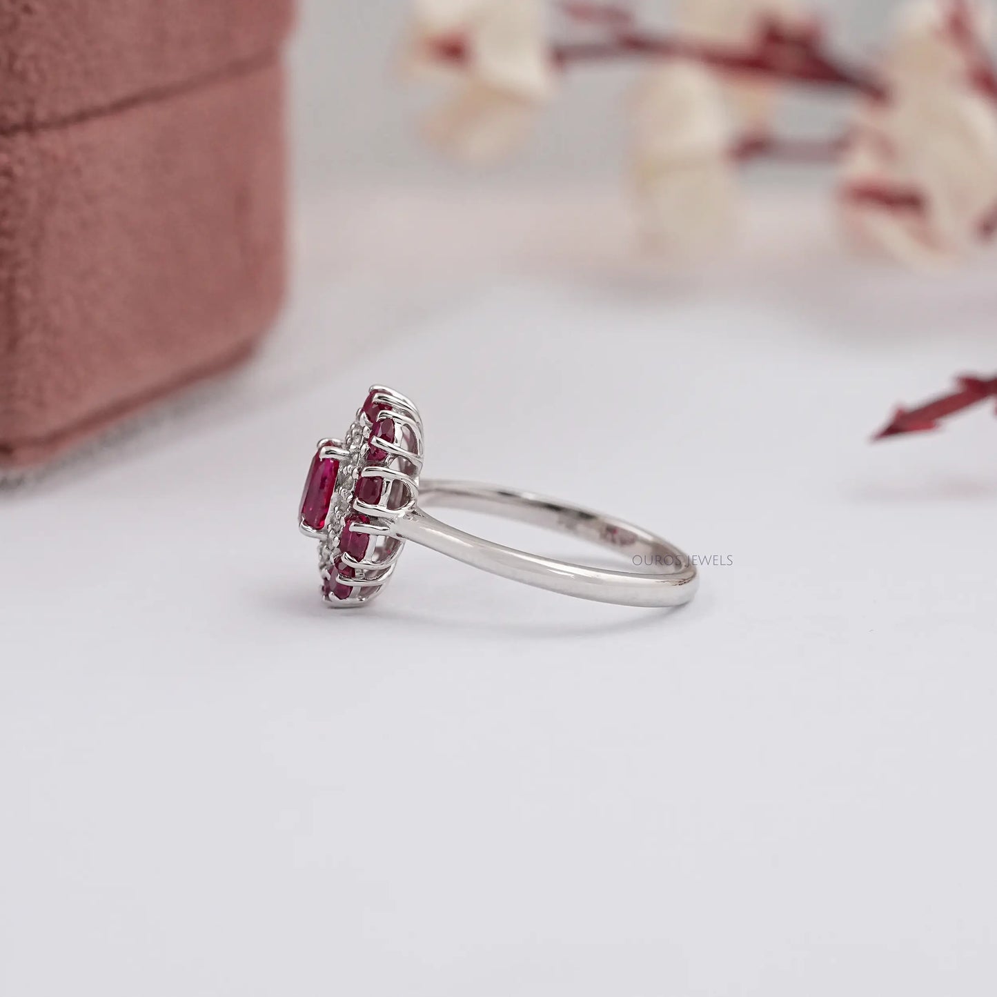 Red Ruby Oval Double Halo Engagement Ring