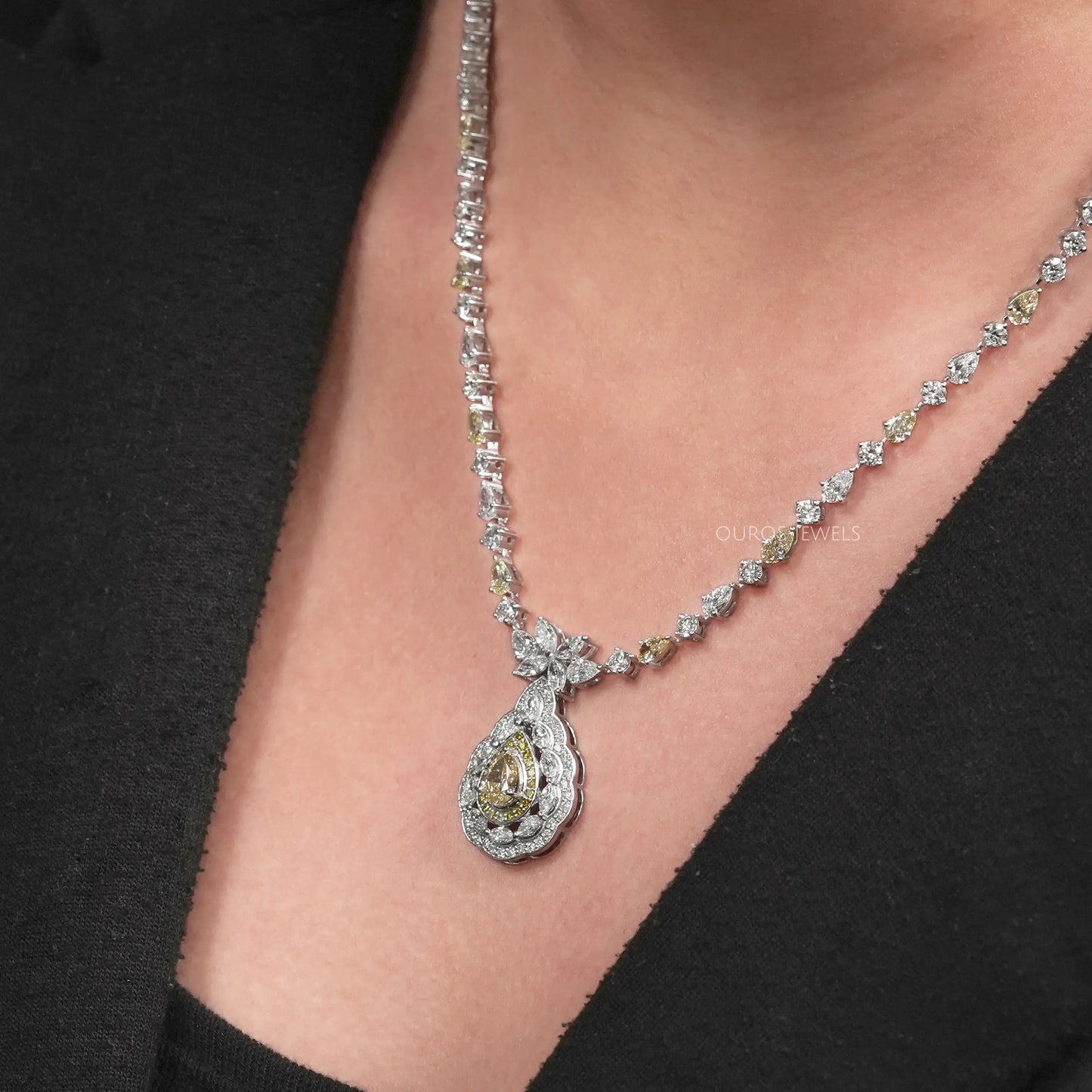 Yellow Pear And Marquise Cut Lab Diamond Necklace