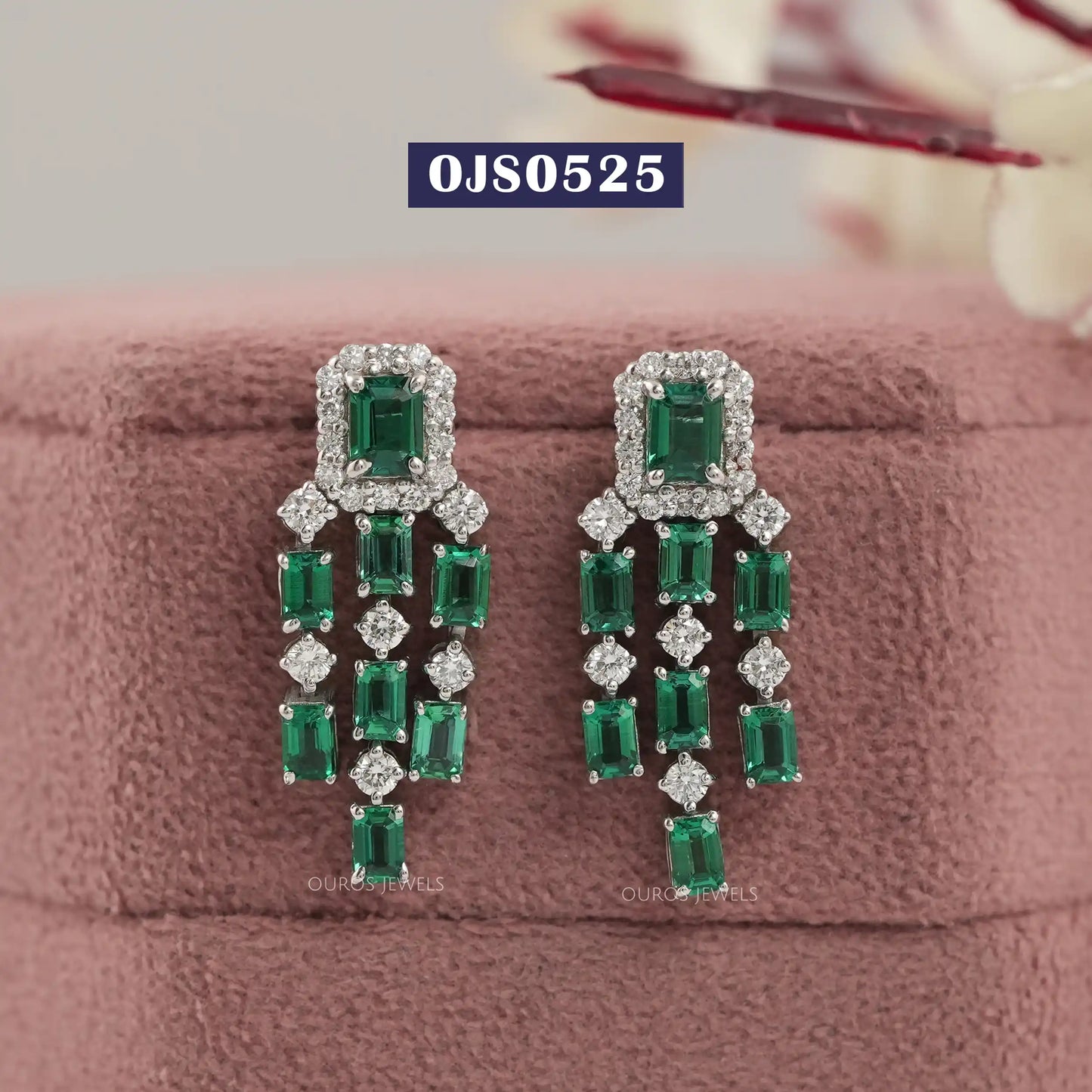 Green Emerald Cut Halo Diamond Chandelier Earrings