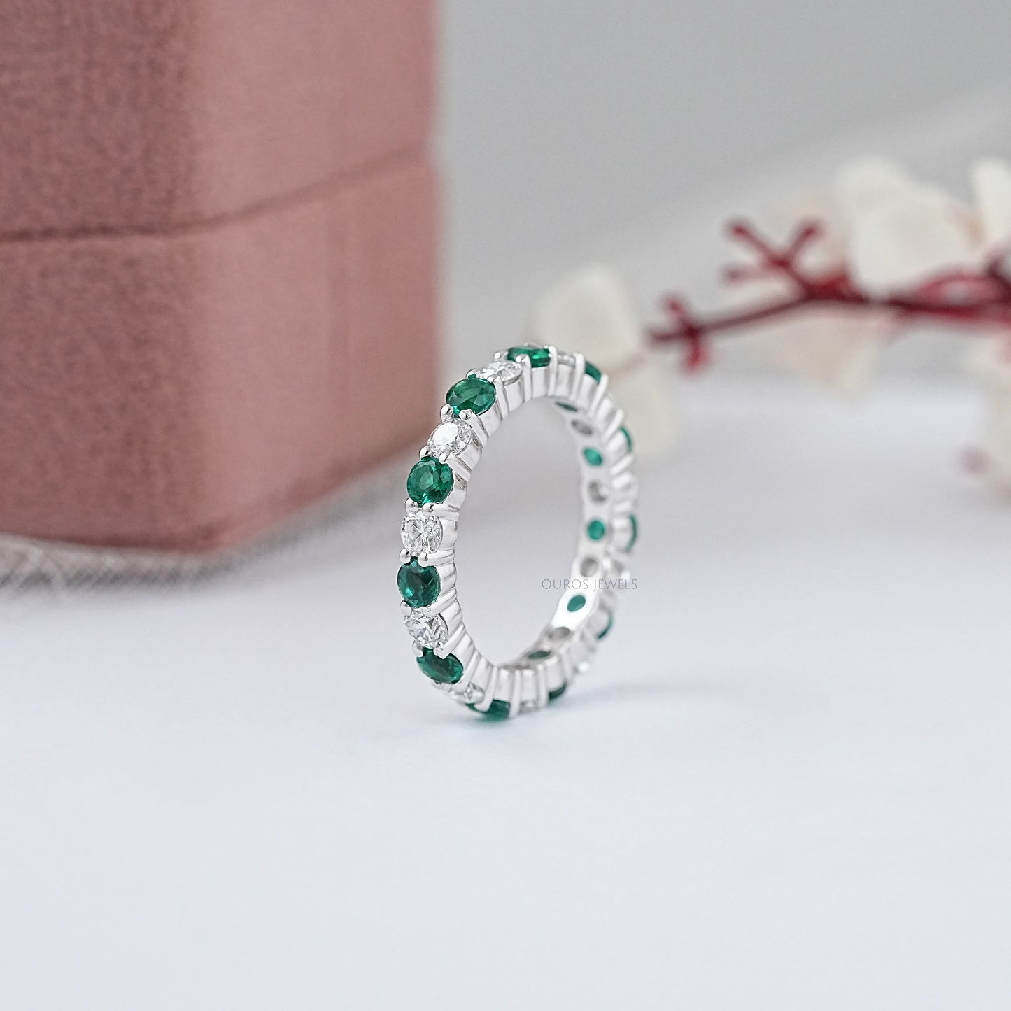 Lab Green Gemstone Eternity Wedding Band