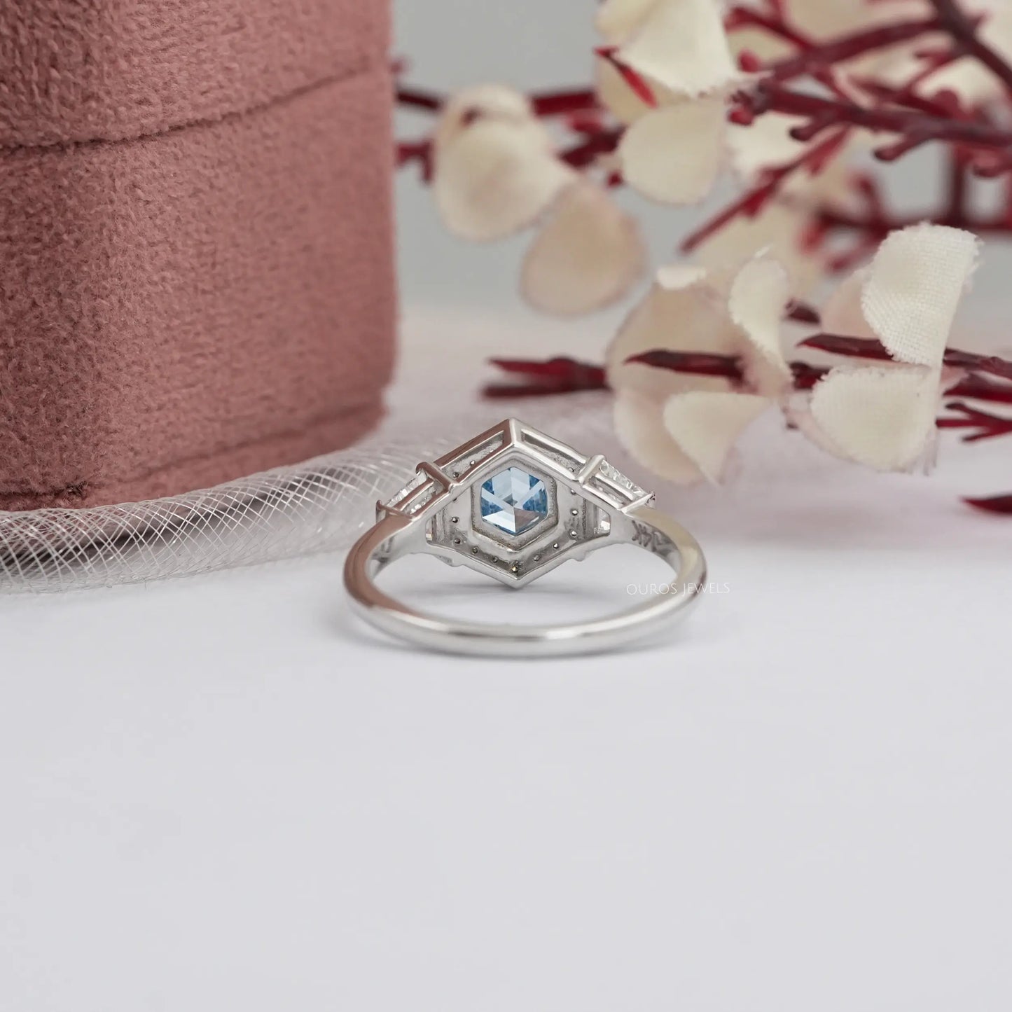 Blue Color Hexagon Cut Diamond Ring