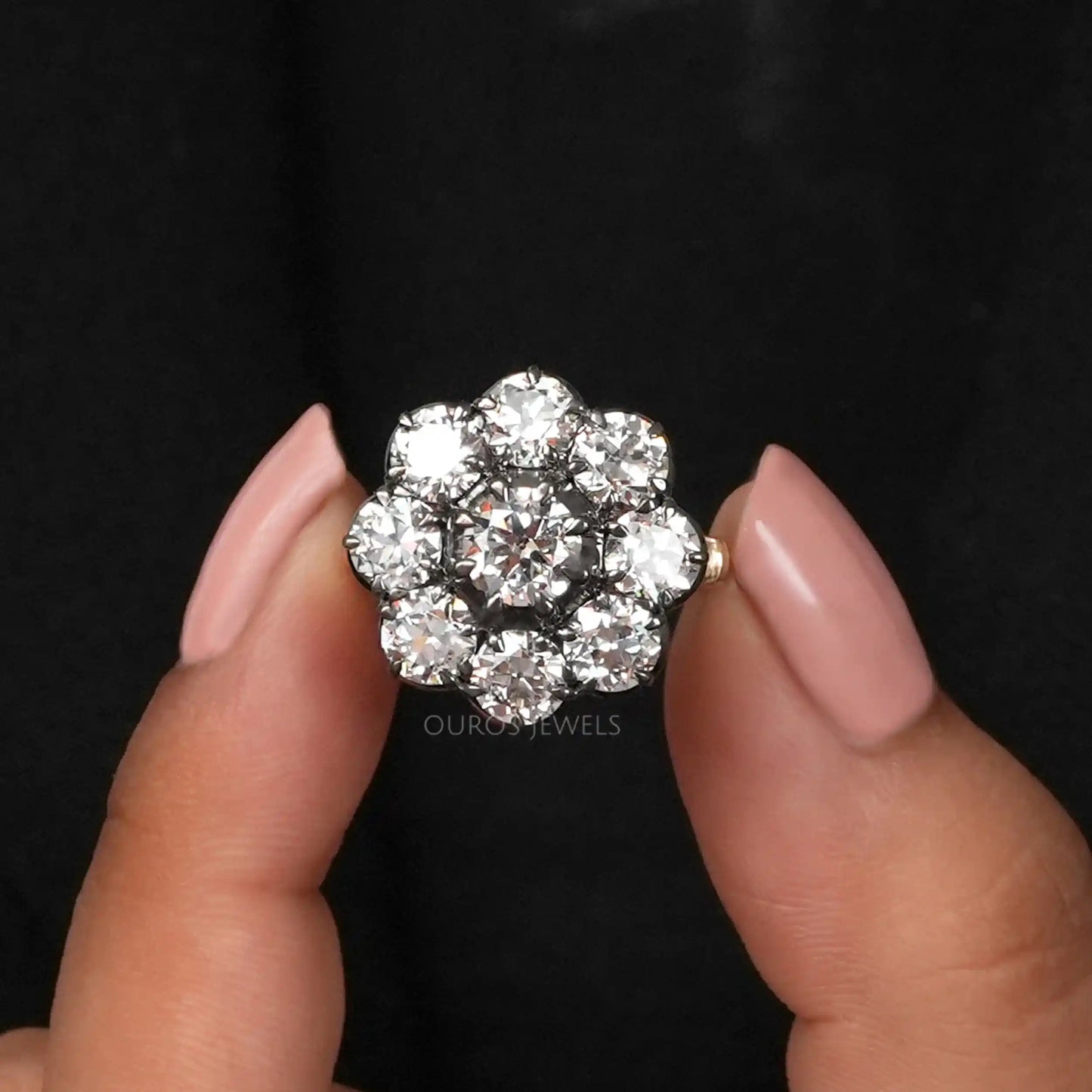 Black Coating Old European Round Cut Solitaire With Halo Ring