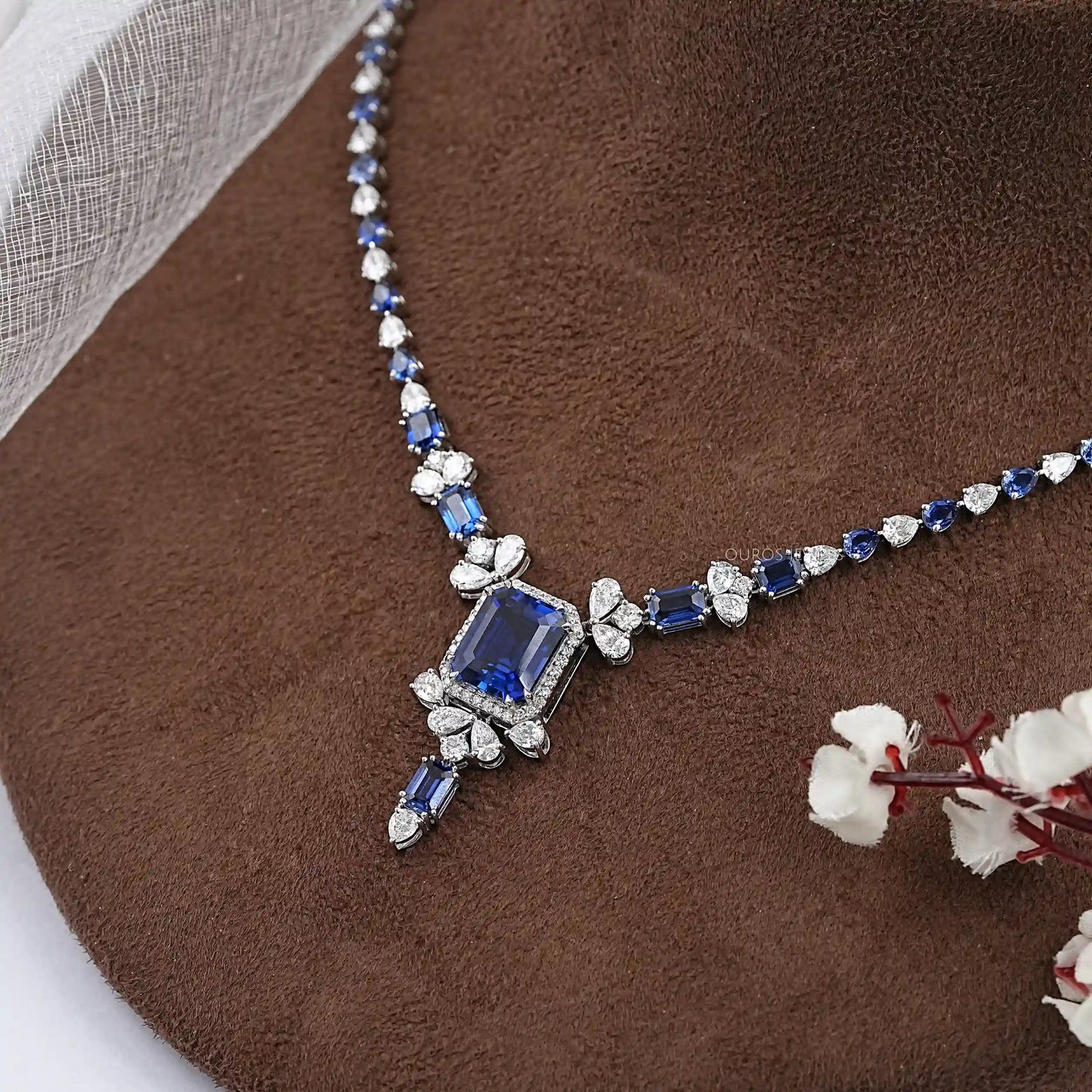 Blue Sapphire Emerald Cut Gemstone Necklace