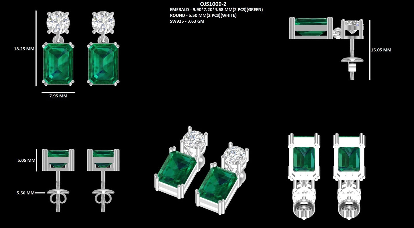 Emerald Gemstone And Round Cut Drop Earring
