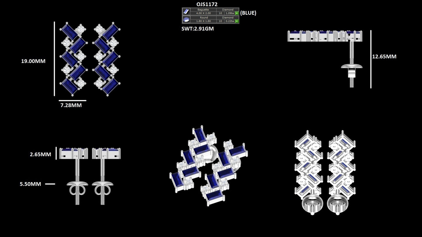 Sapphire Baguette Cut Gemstone Earrings