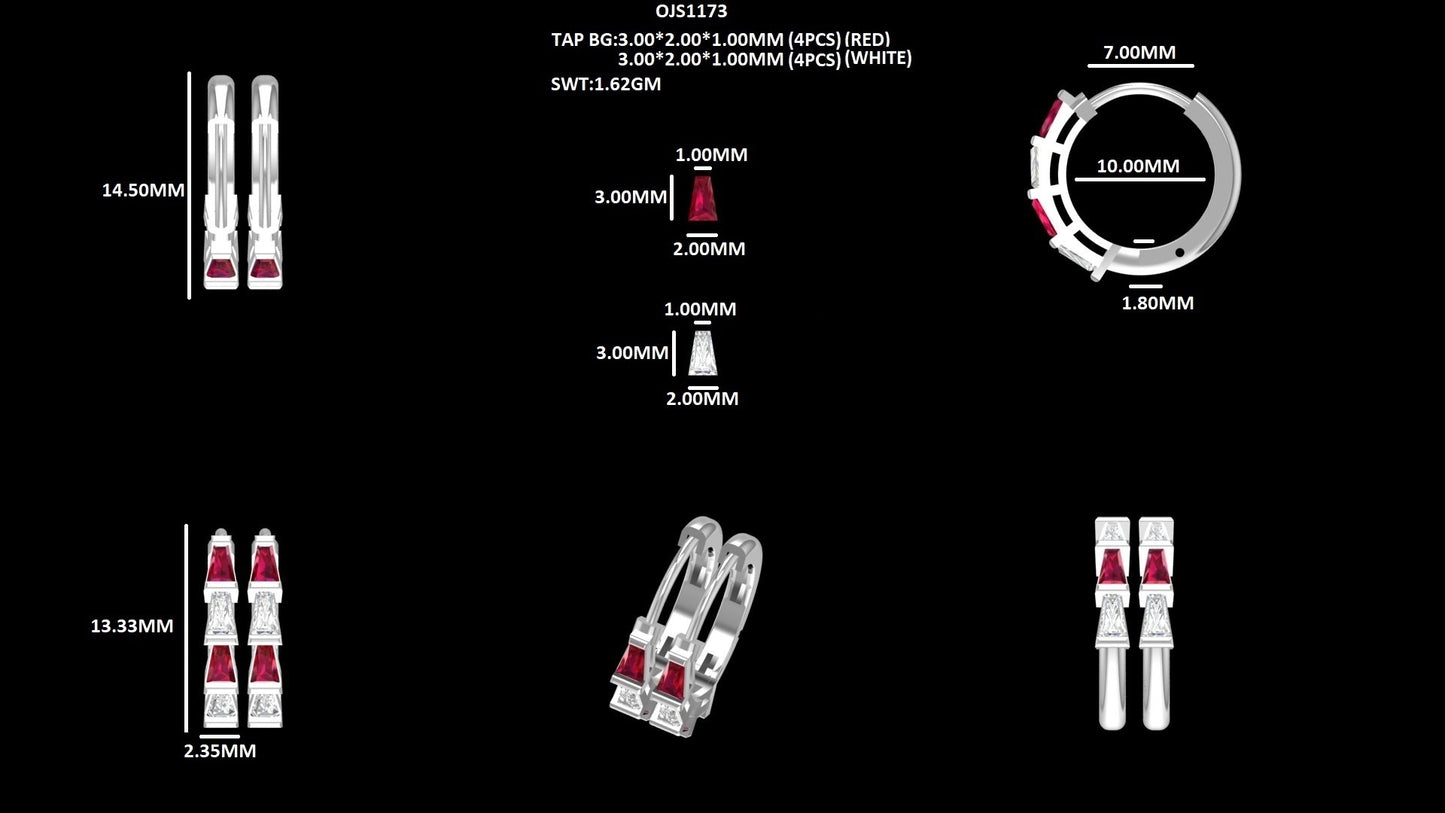 Tapered Baguette Ruby Gemstone Huggie Hoop Earrings