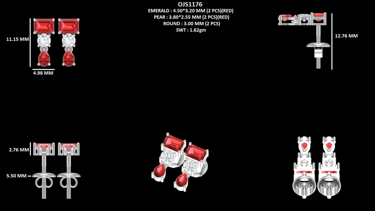 Emerald And Pear Cut Ruby Gemstone Earrings