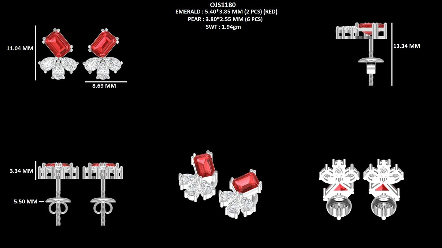 Emerald Cut Red Ruby Gemstone Earrings