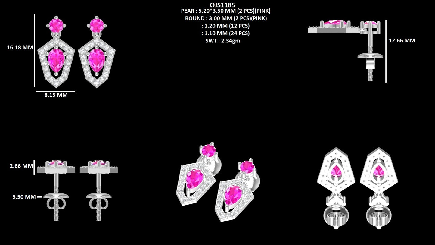 Pear And Round Cut Pink Gemstone Dangle Earrings