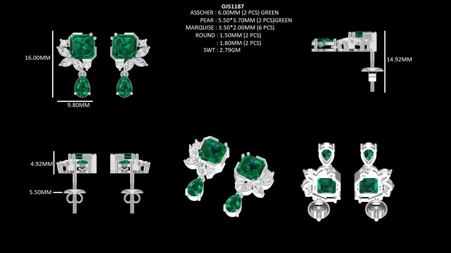 Asscher And Pear Cut Emerald Gemstone Earrings