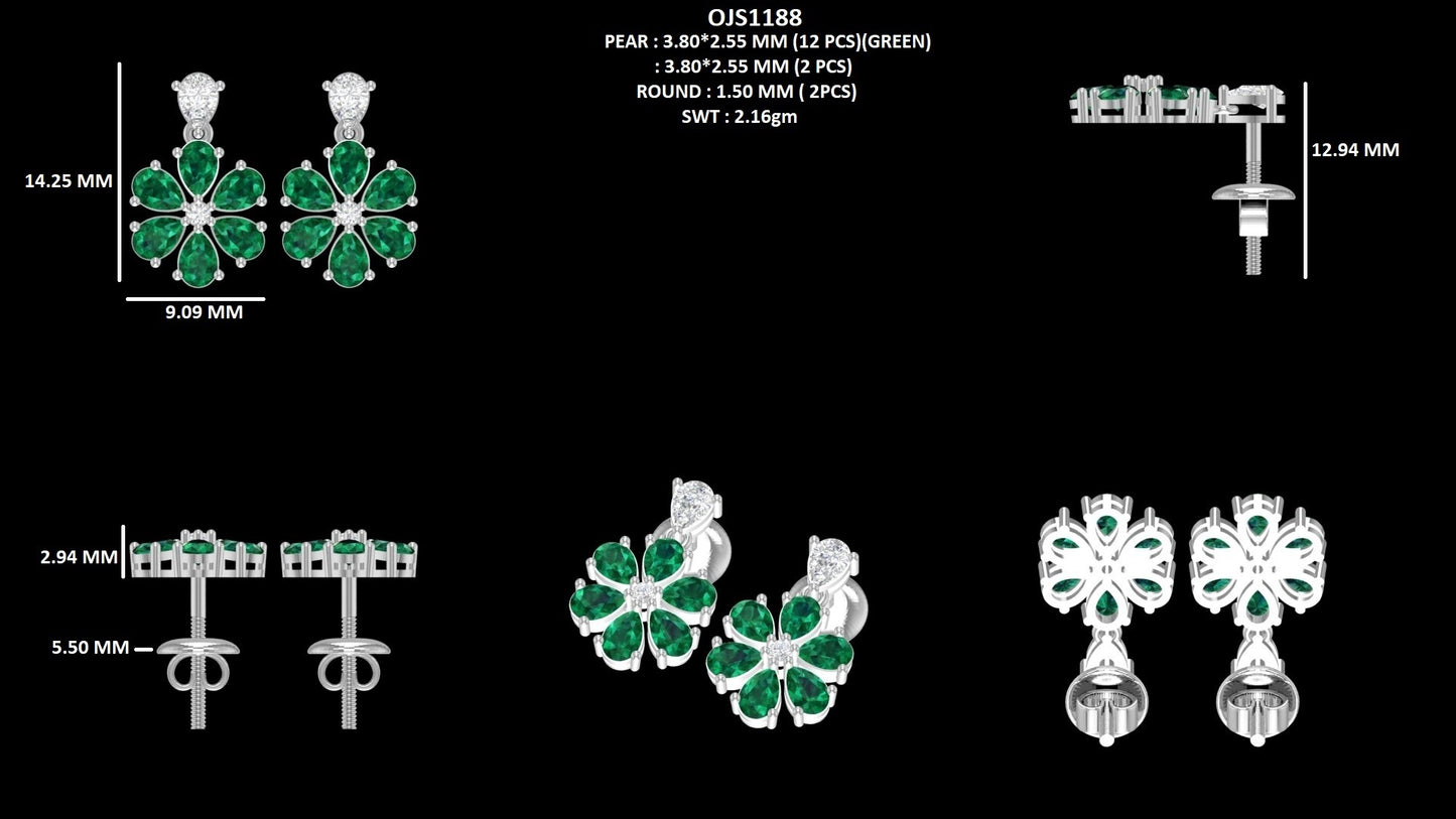 Pear Cut Emerald Floral Shape Dangle Earrings