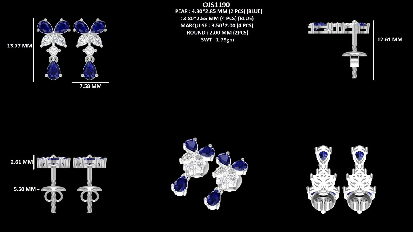 Sapphire Pear Gemstone Butterfly Shape Earrings