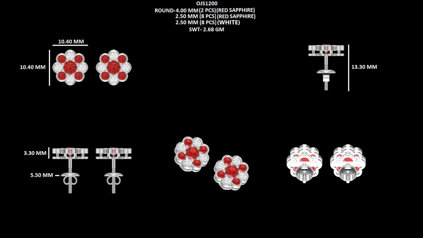 Round Ruby Gemstone Floral Shape Earrings