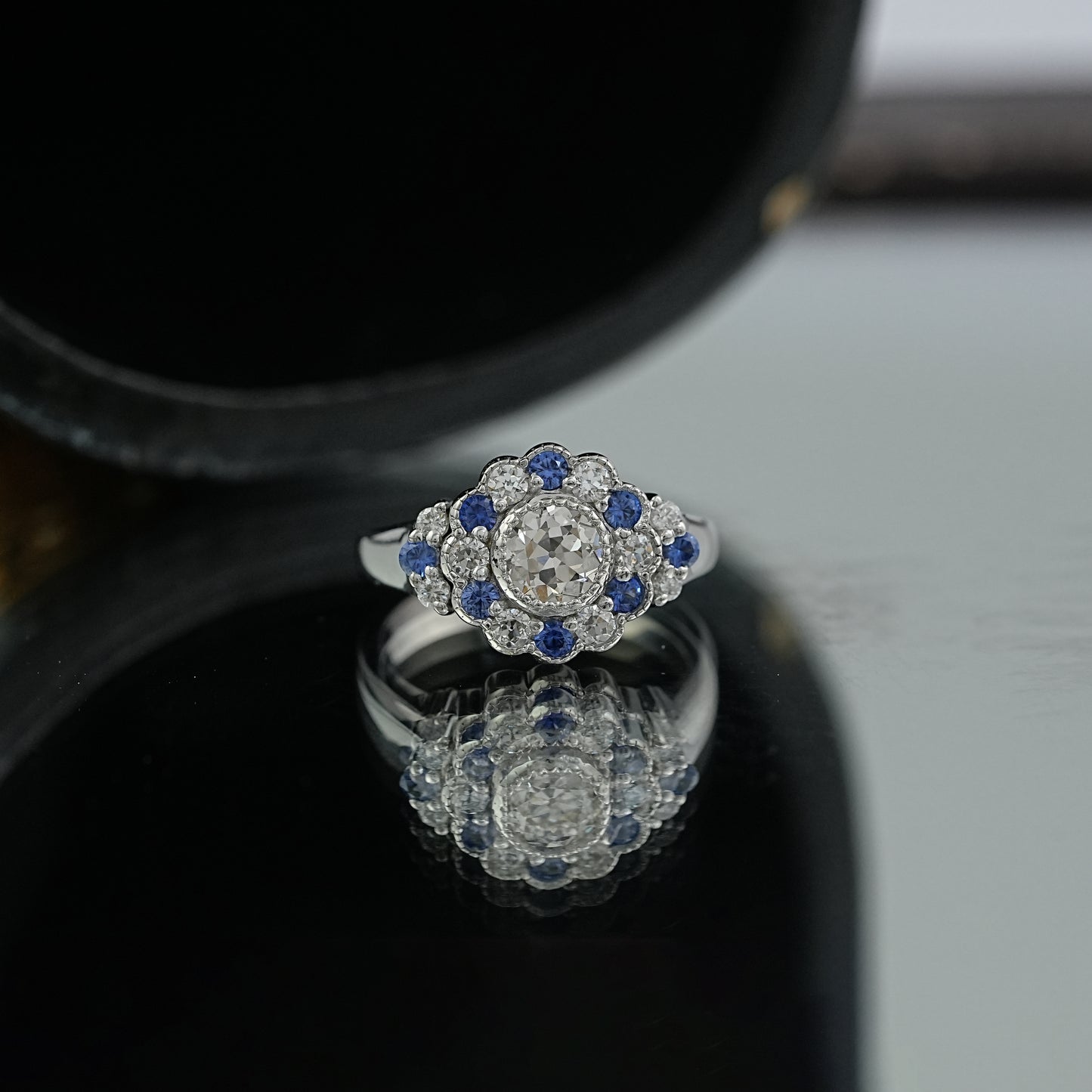 Old European Round Cut Sapphire Floral Ring