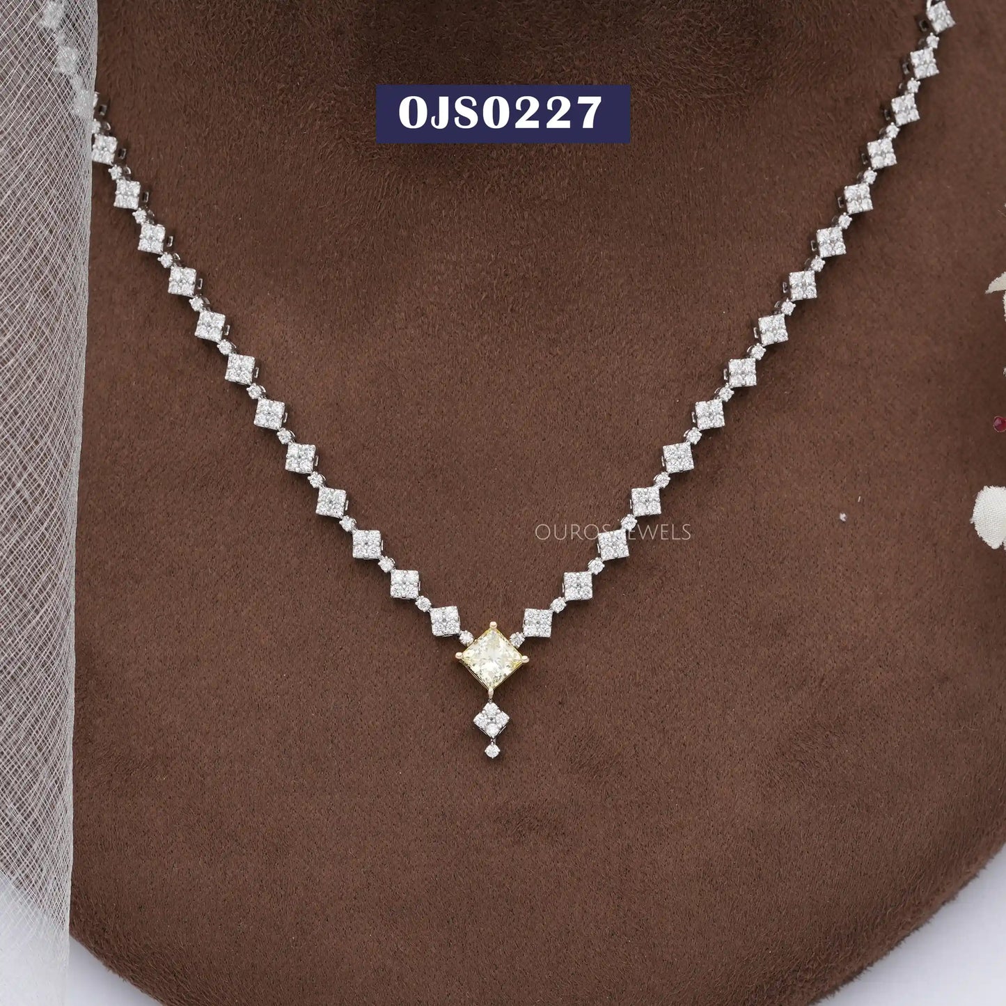 Yellow Princess And  Round Cut Cluster Diamond Necklace